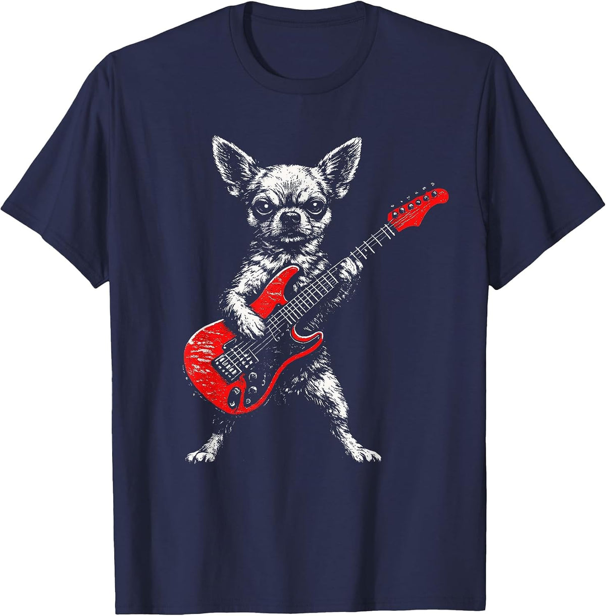 Vintage Chihuahua Rock Funny Dog Playing Guitar Dog Dad Mom T-Shirt - Navy Blue
