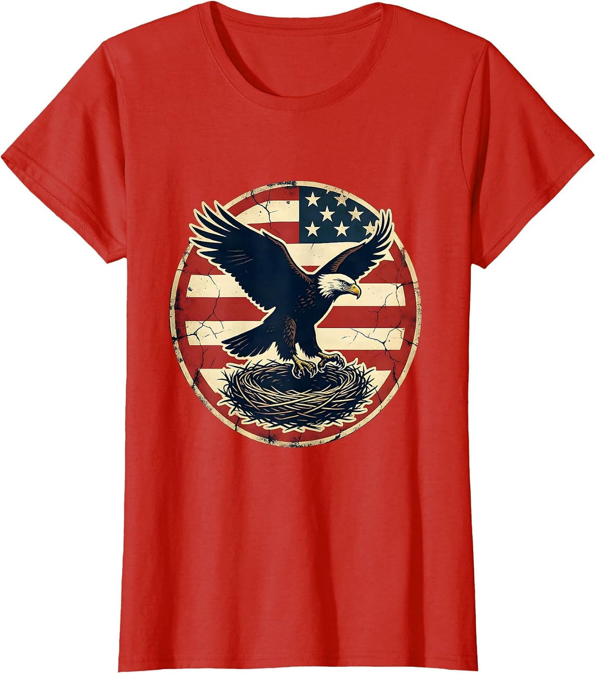 American Flag Draped Bald Eagle Nest Graphic T-Shirt - Red