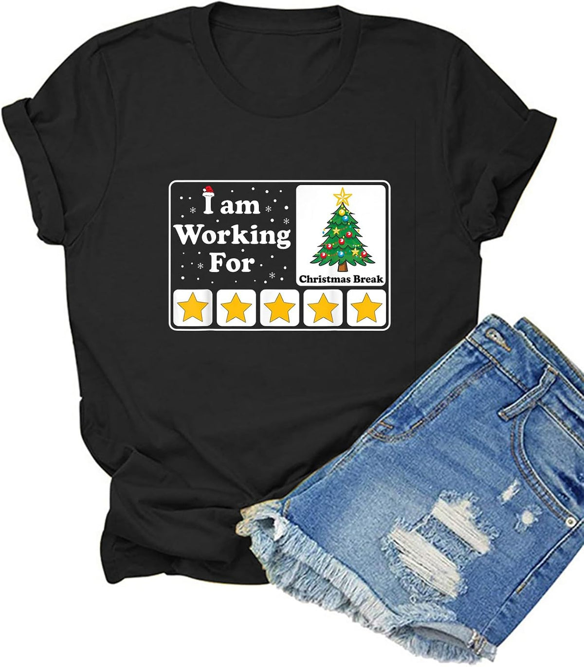 HONTOUTE I Am Working for Christmas Break Womens Shirt Xmas Tree Graphic Short Sleeve Christmas Work Crewneck Tees Tops -