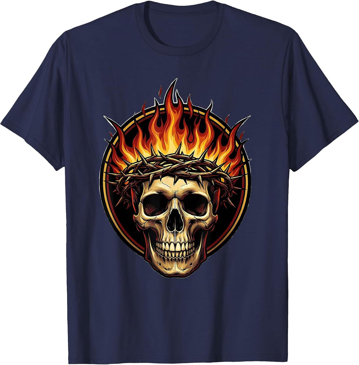 Skull Burning Crown of Thorns Gothic Art T-Shirt - Navy Blue
