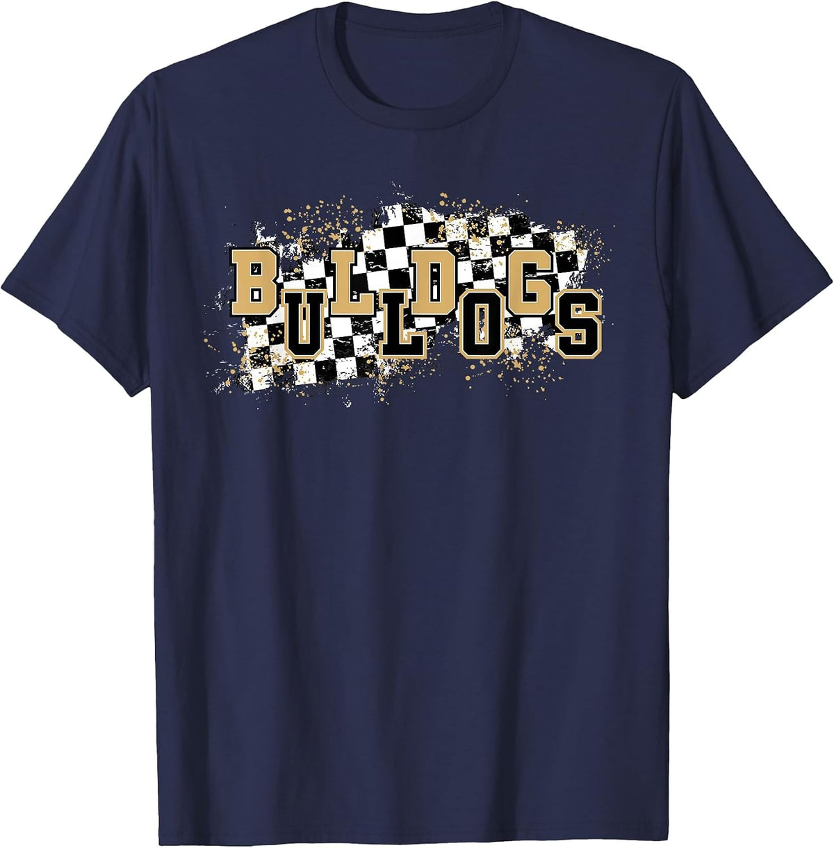 Bulldogs Checkered Print School Spirit Game Day Bulldog Gold T-Shirt - Navy Blue