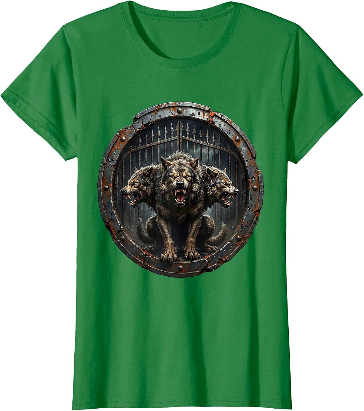 Three-Headed Dog Iron Fortress Gates Heavy Metal T-Shirt - Kelly Green