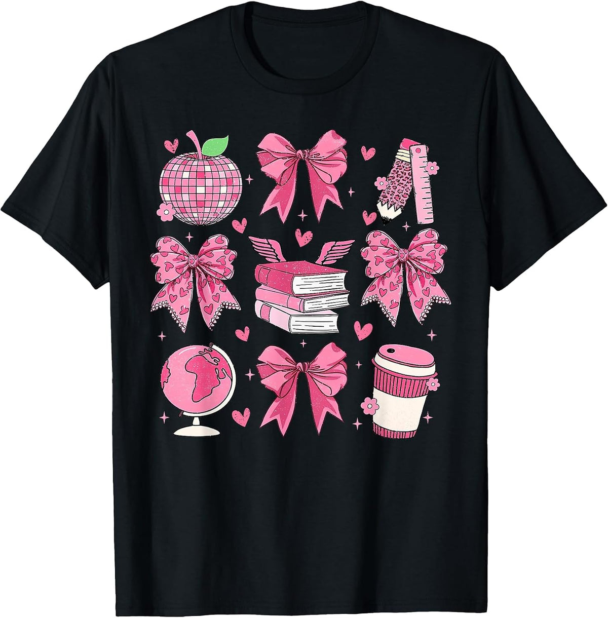 Coquette Pink Bow Apple Teacher Appreciation Valentine Day T-Shirt - Black