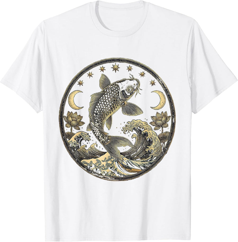Men's Koi Fish Leaping Over Crashing Wave Japanese Art T-Shirt - White