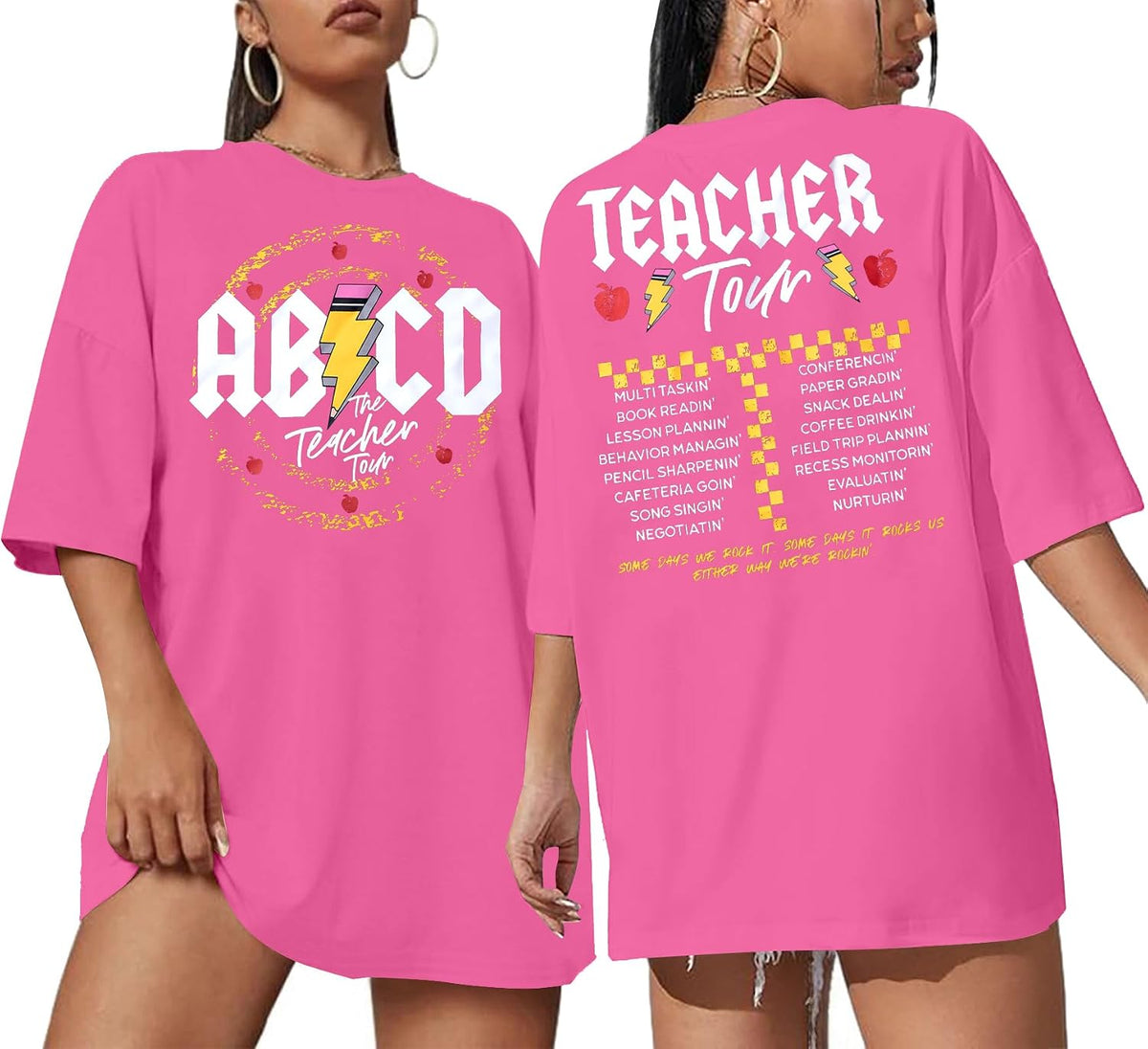KIDDAD Teacher Shirts Oversized ABCD The Teacher Tour T-Shirt - Rose Pink