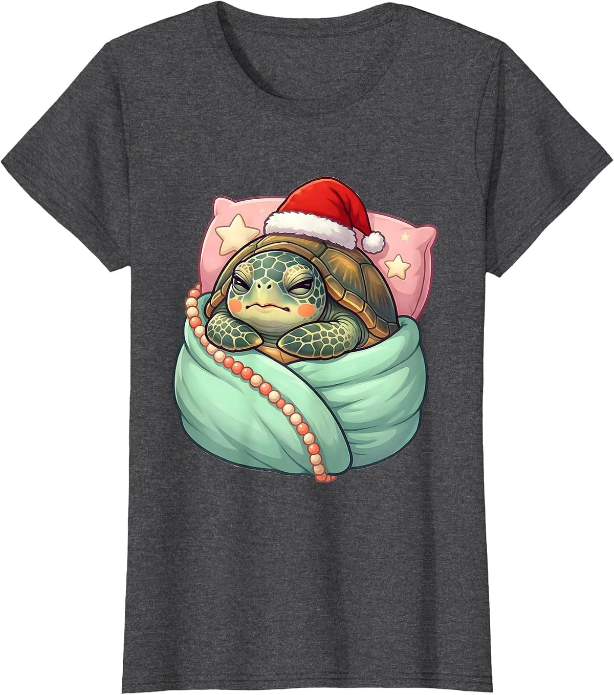 Women's Sea Turtle Santa Hat Cute Kawaii Holiday Pajama T-Shirt - Dark Heather Grey