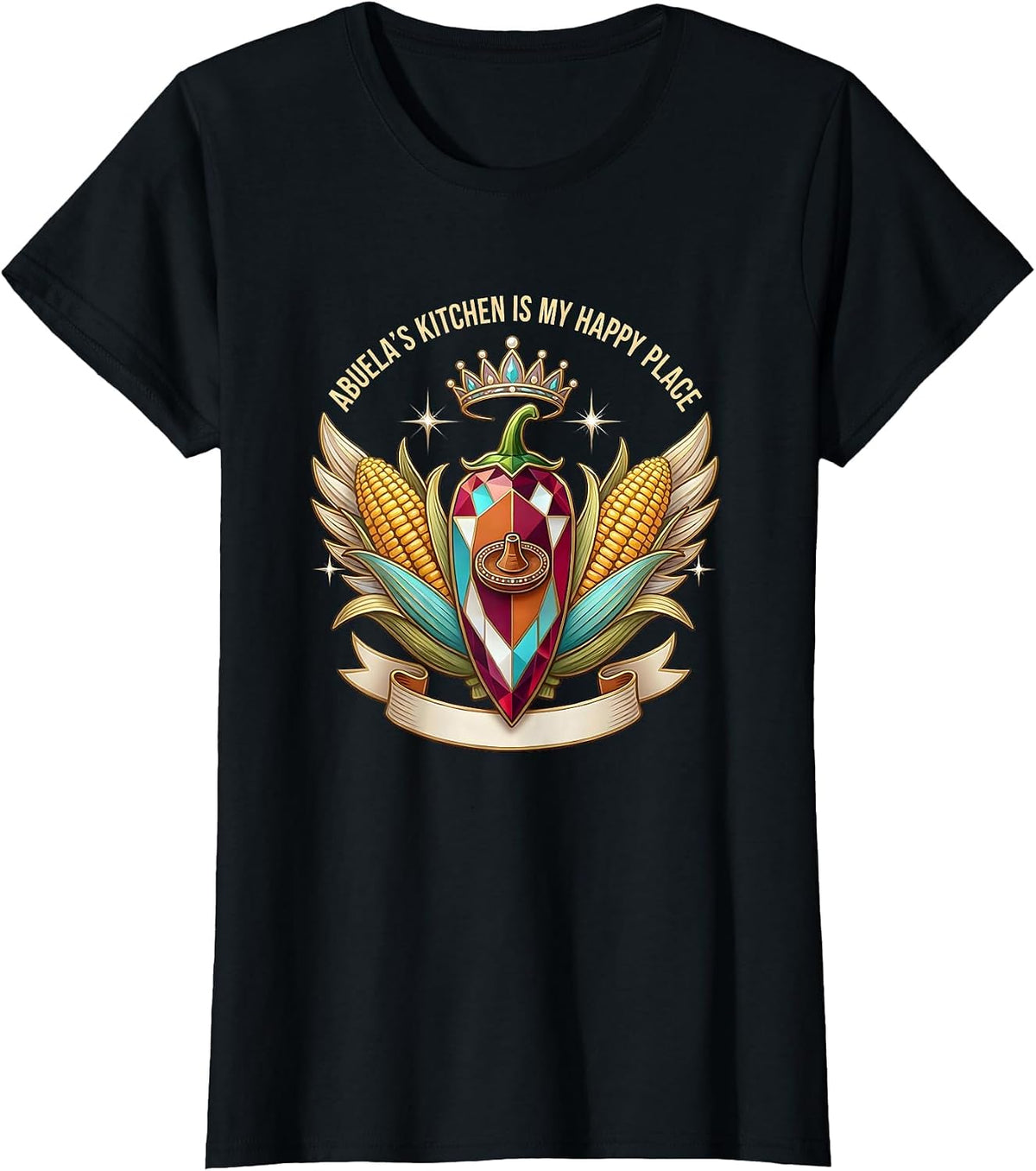 Abuela's Kitchen Is My Happy Place Mexican Design T-Shirt - Black