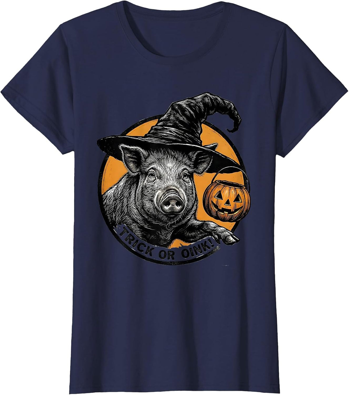 Women's Trick or Oink! Scratchboard Pig Witch Hat Halloween Costume T-Shirt - Navy Blue
