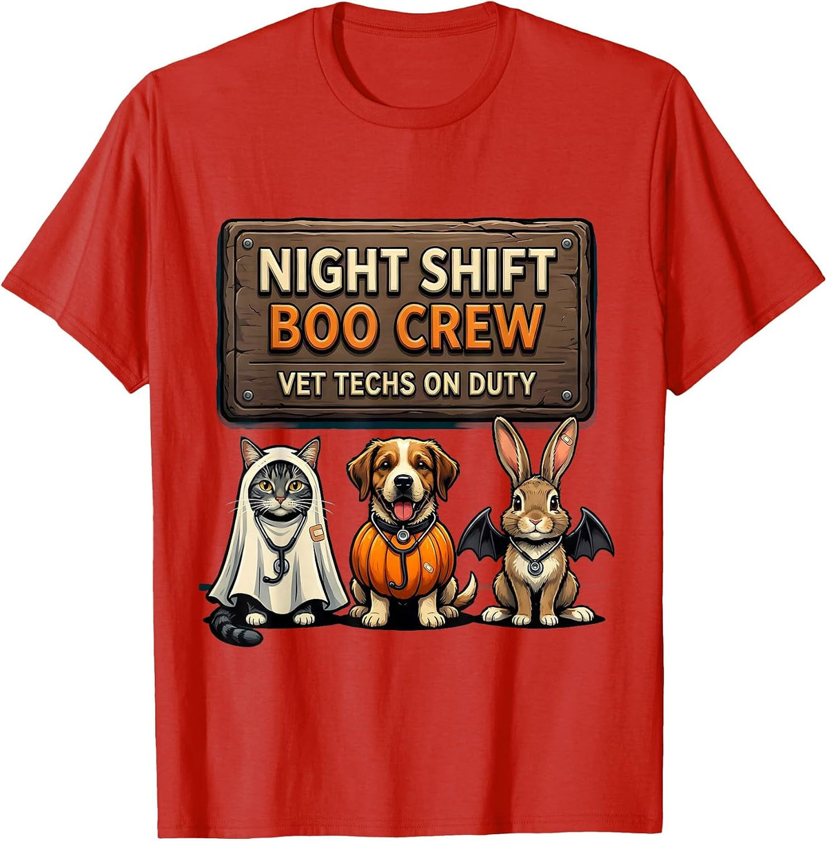 Men's Night Shift Boo Crew, Vet Techs On Duty Funny T-Shirt - Red