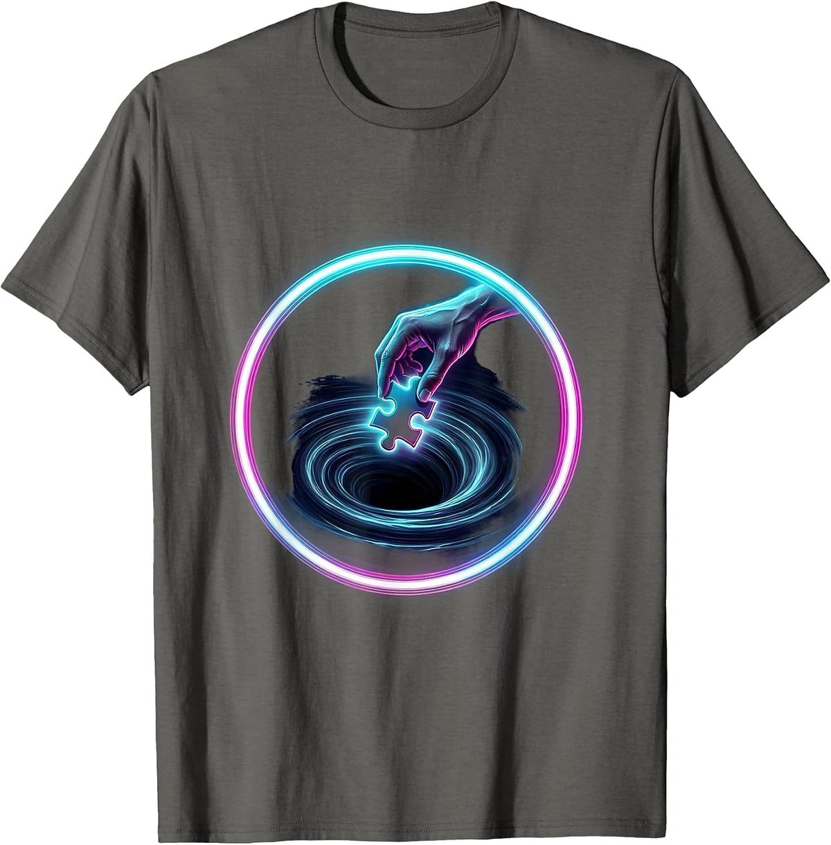 Hand Dropping Puzzle Piece Into Dark Void Graphic T-Shirt - Asphalt Grey