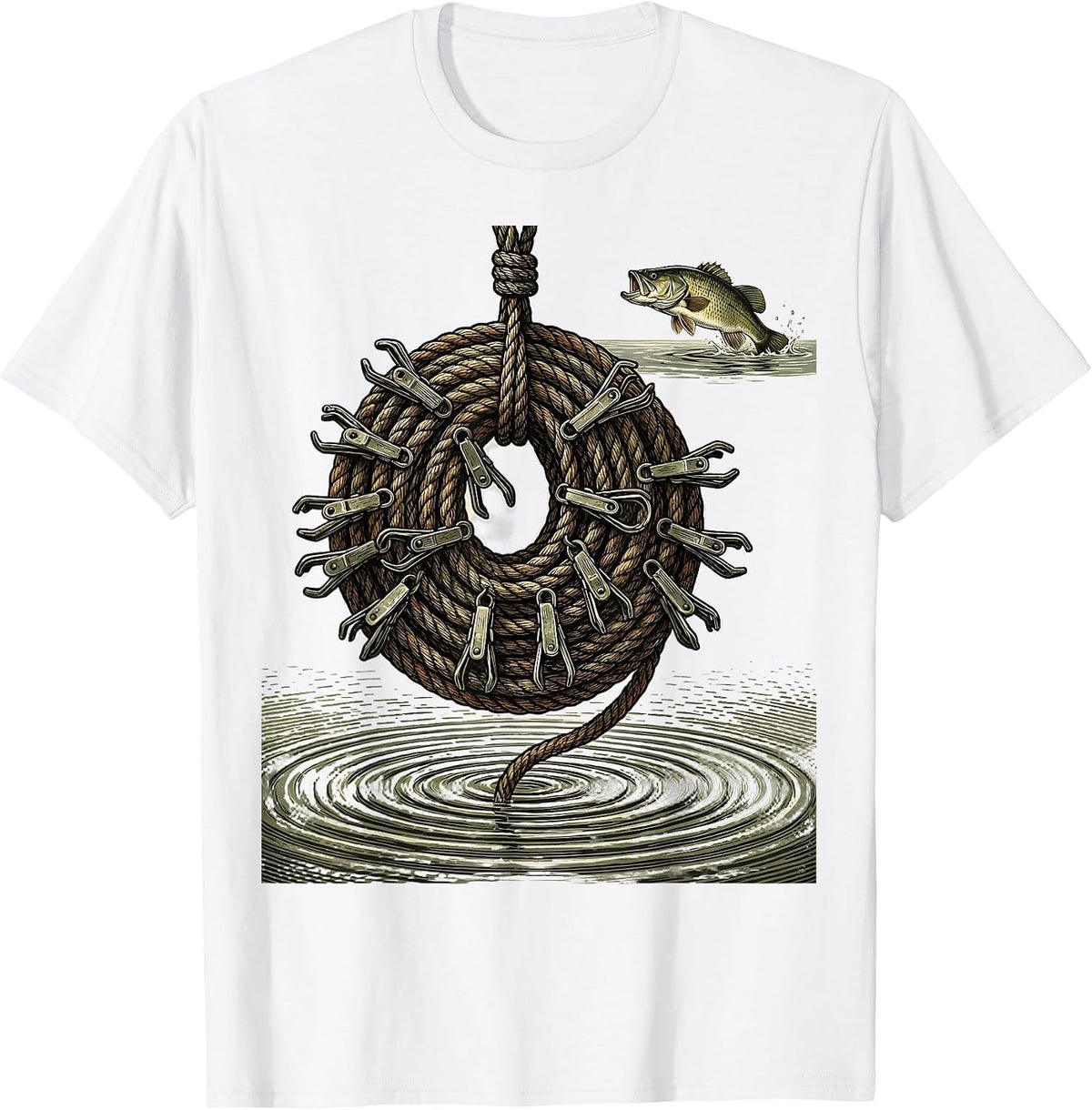 Men's Vintage Engraved Fish Stringer Funny Bass Fishing Humor T-Shirt - White