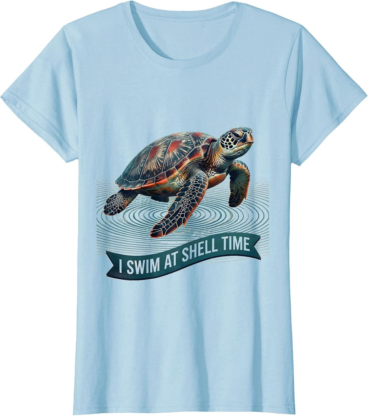 Women's I Swim At Shell Time Midcentury Modern Sea Turtle Ocean T-Shirt - Baby Blue