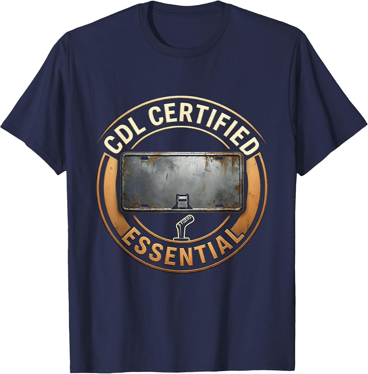 CDL Certified Essential Distressed License Plate Design T-Shirt - Navy Blue
