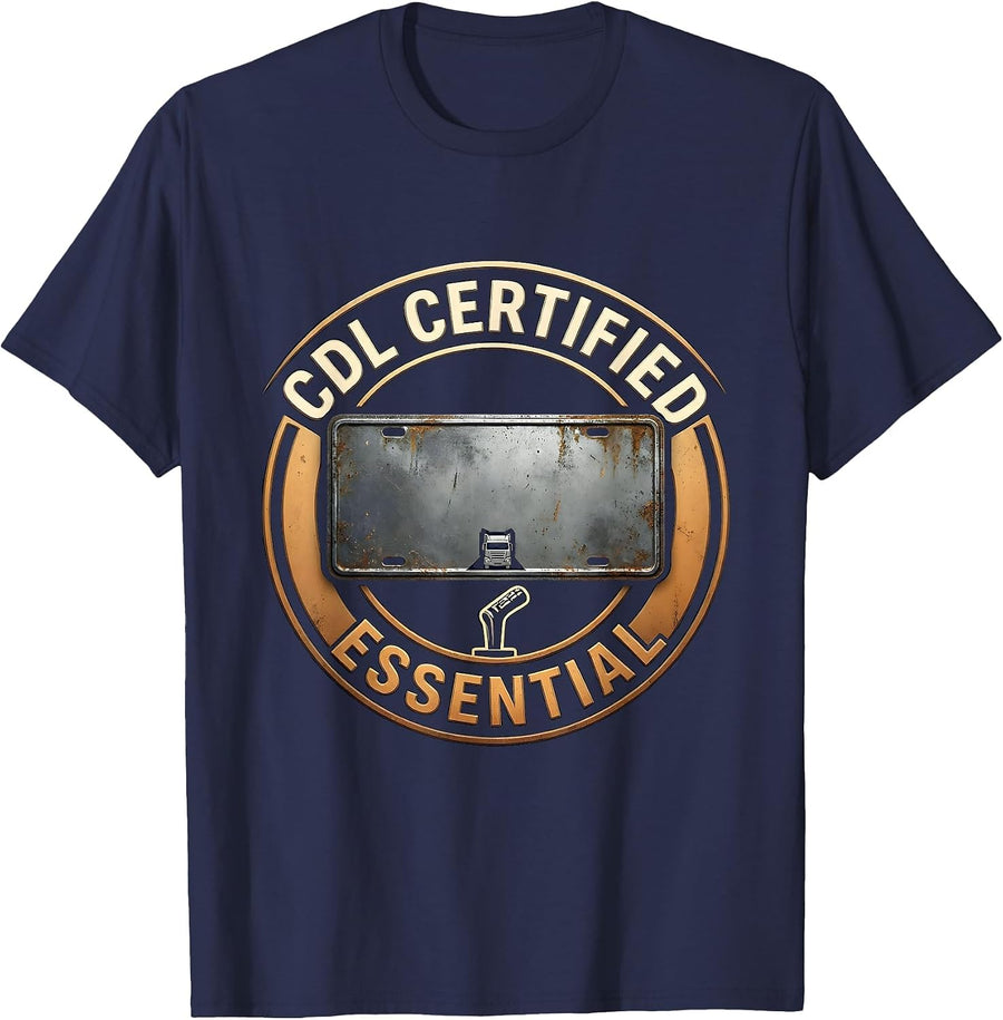 CDL Certified Essential Distressed License Plate Design T-Shirt - Navy Blue
