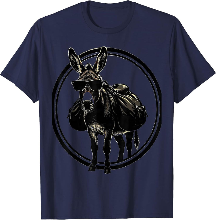 Cool Donkey Sunglasses Saddlebags Illustration T-Shirt - Navy Blue