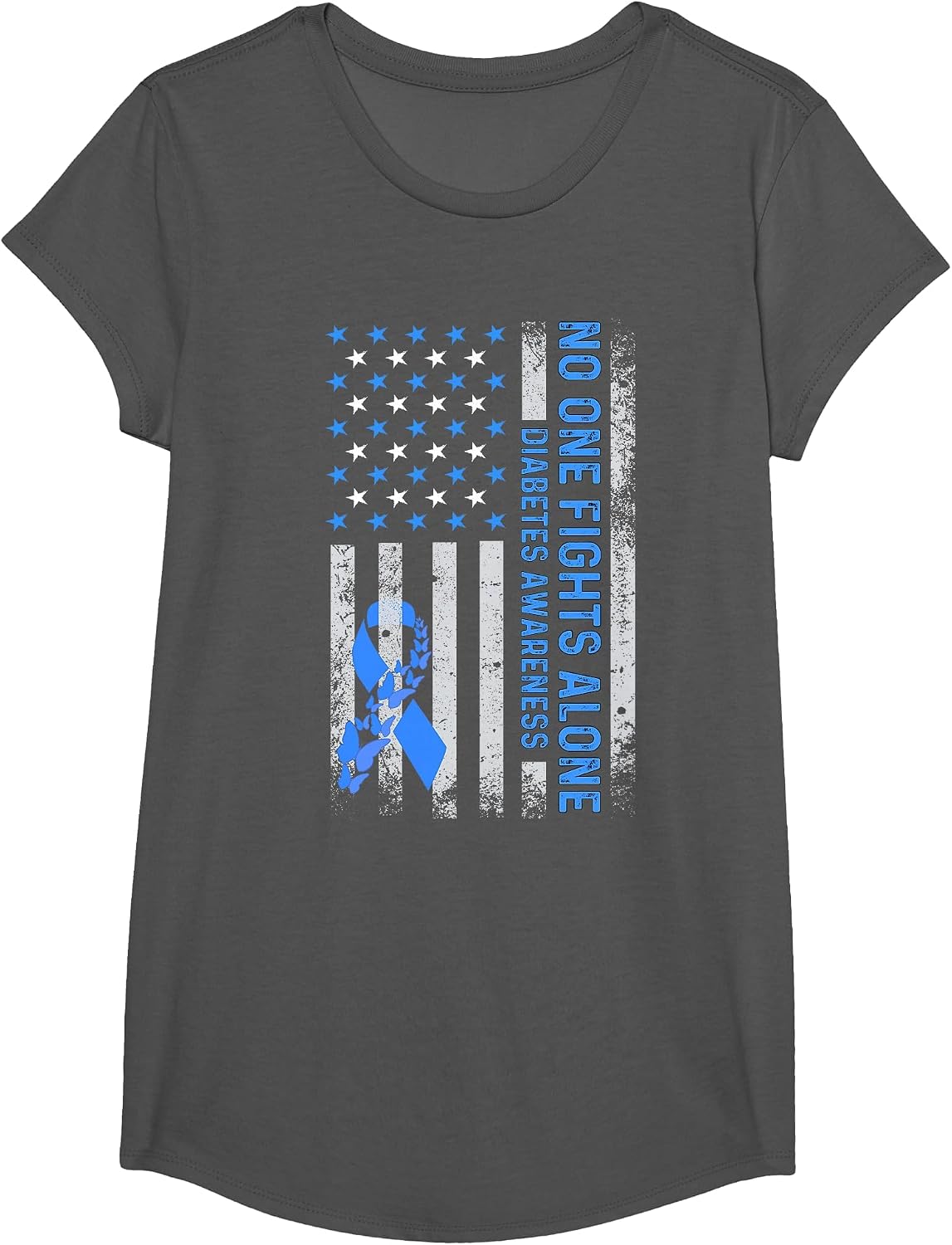 USA American Flag No Fighting Alone Diabetes Awareness T1D T-Shirt - Girls Asphalt Grey