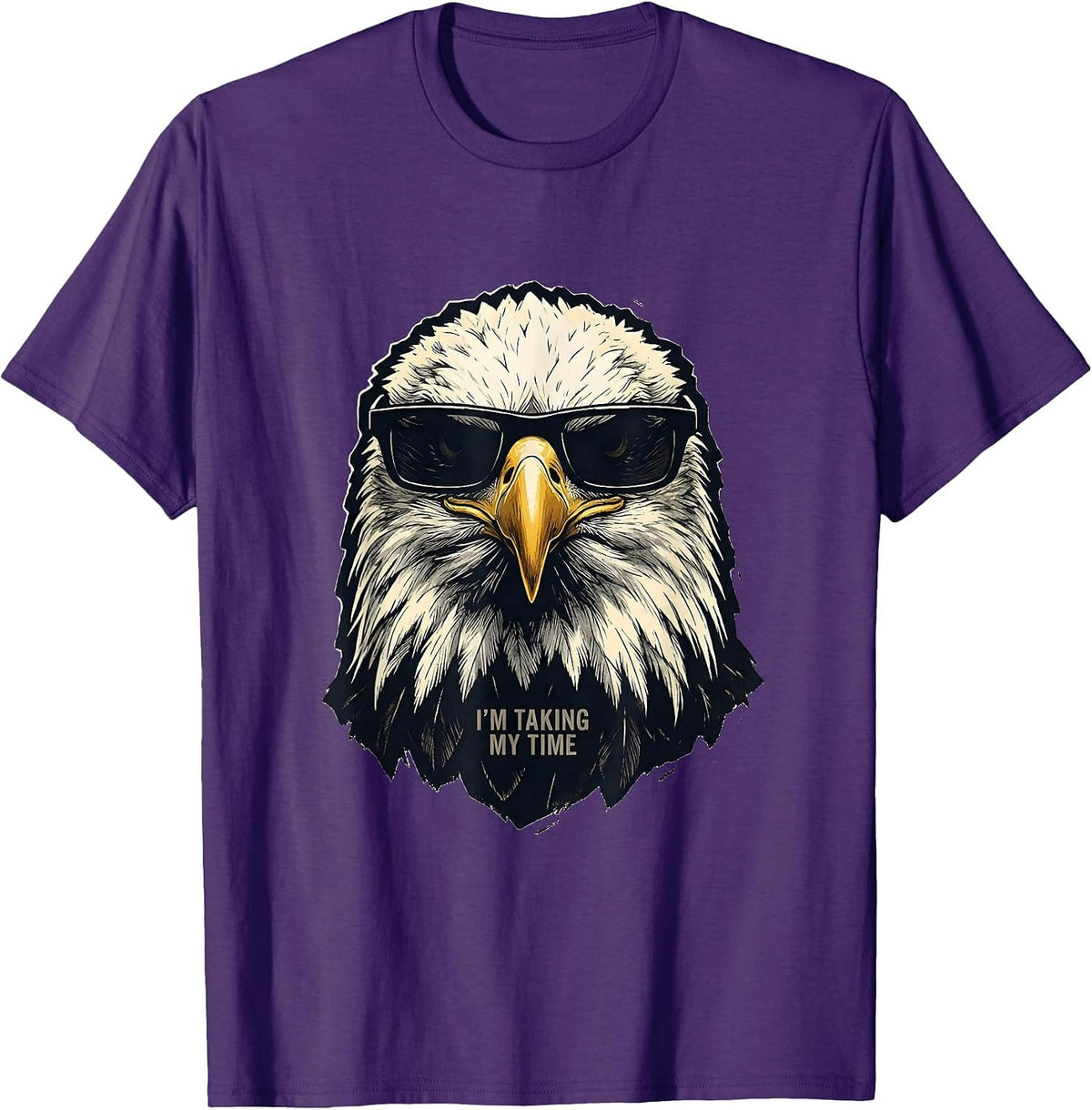 Men's I'm Taking My Time Linocut Bald Eagle Sunglasses Funny T-Shirt - Purple