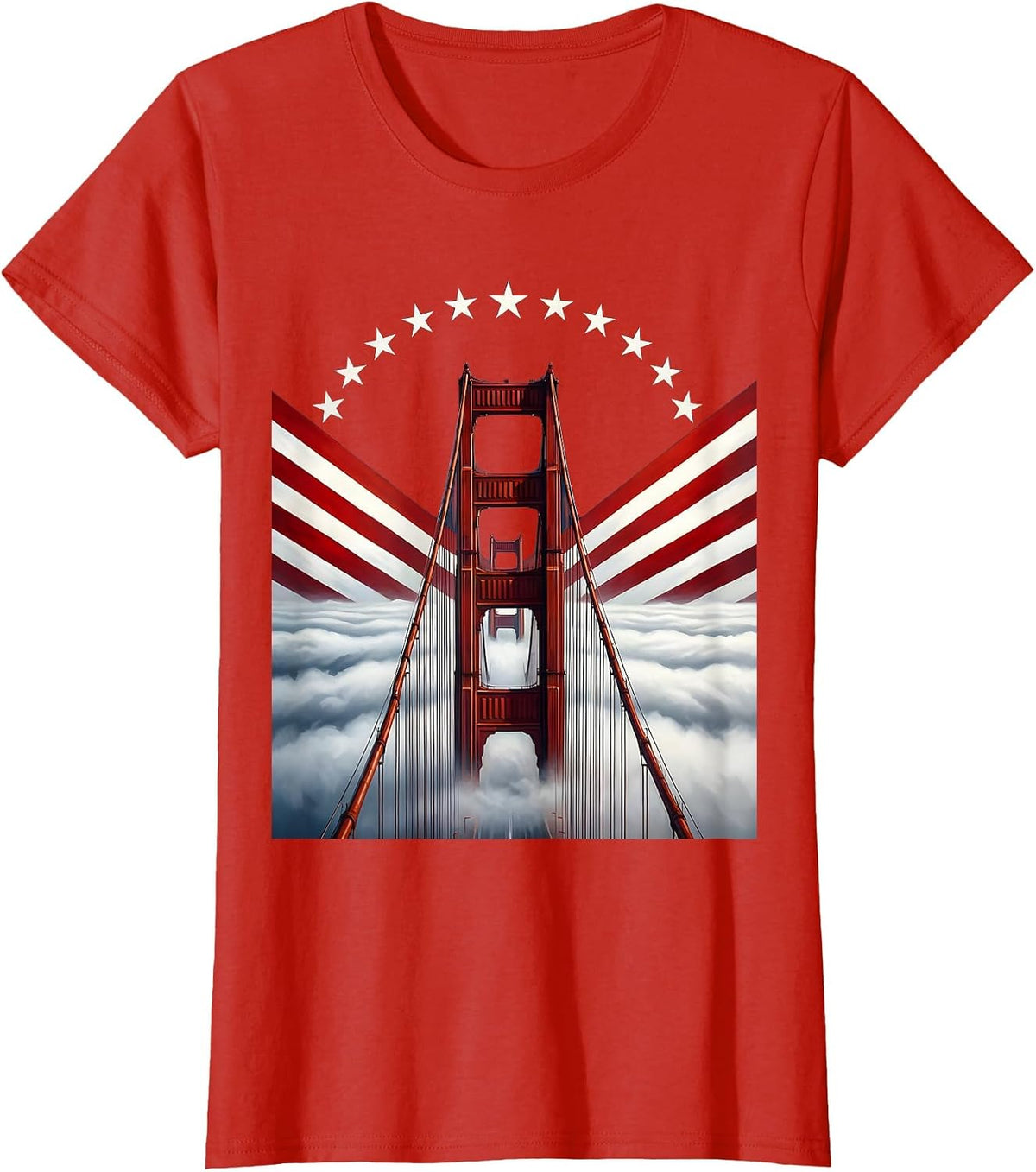 Golden Gate Bridge Foggy Dusk Illustration T-Shirt - Red