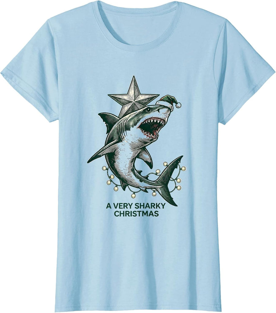 Women's A Very Sharky Christmas Funny Shark Santa Hat Holiday Lights T-Shirt - Baby Blue