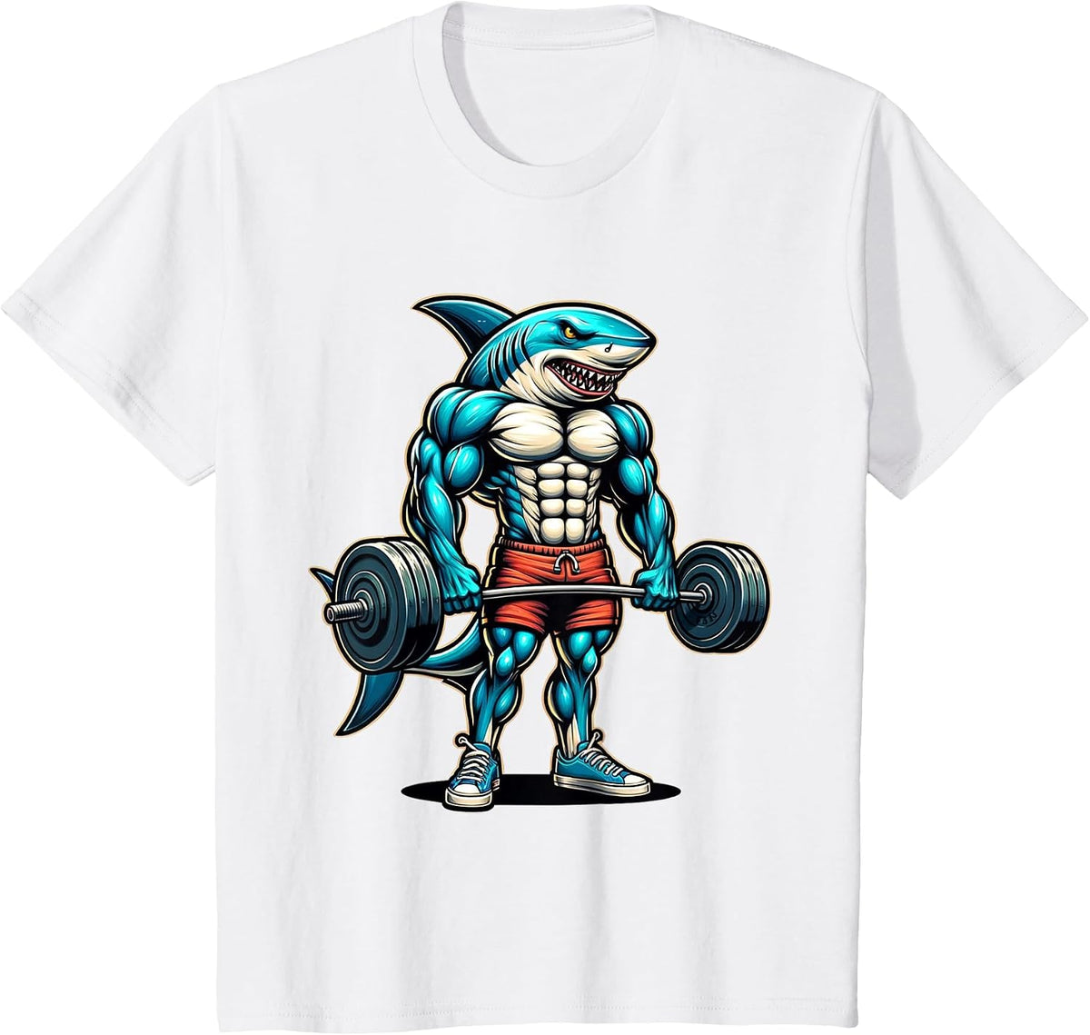 Funny Cool Shark Weightlifting Bodybuilder Muscle Fitness T-Shirt - White