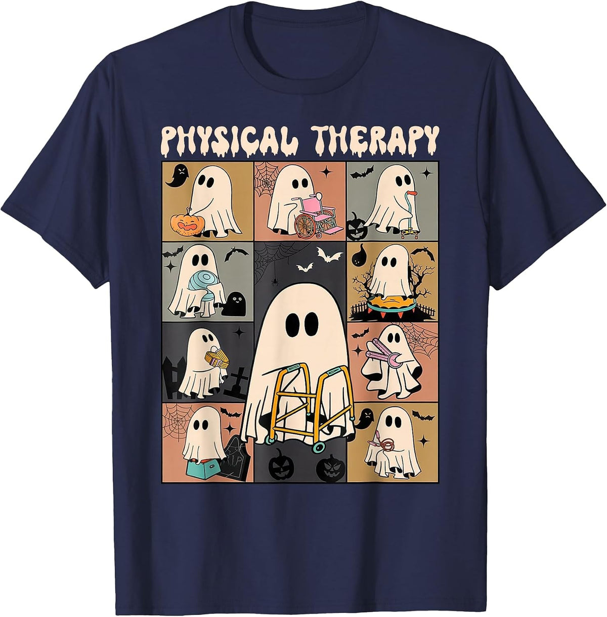 Cute Ghost Physical Therapy PT Physical Therapist Halloween T-Shirt - Navy Blue