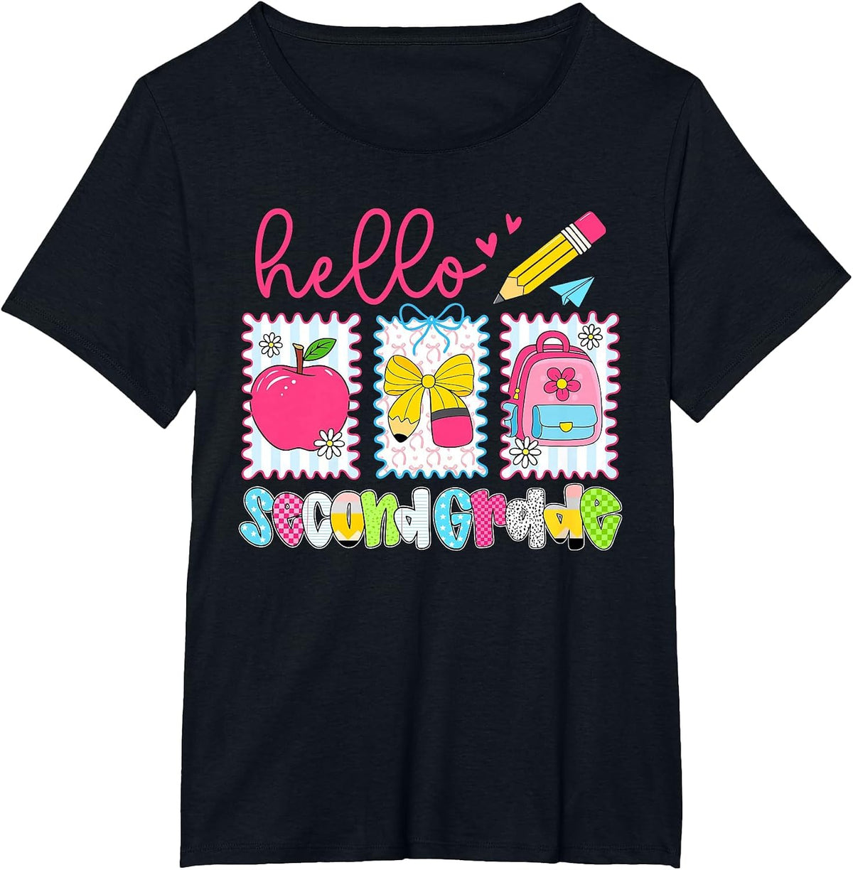 Preppy Hello Second Grade Team Back to School Teachers Kids T-Shirt, Women's Plus, Black, 1X - As Pictured