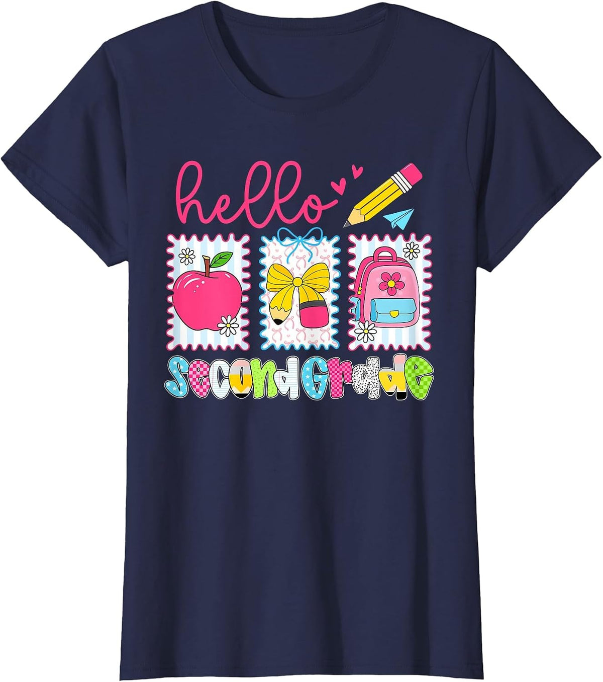 Preppy Hello Second Grade Team Back to School Teachers Kids T-Shirt, Women, Navy Blue, X-Large - As Pictured
