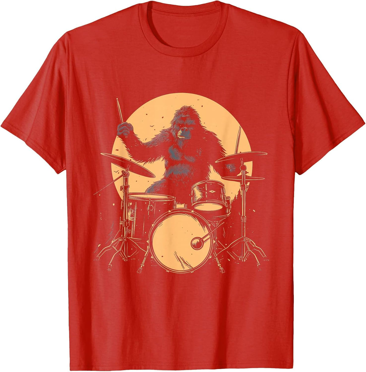 Drummer Bigfoot Playing Drums Funny Sasquatch Drumming T-Shirt - Red