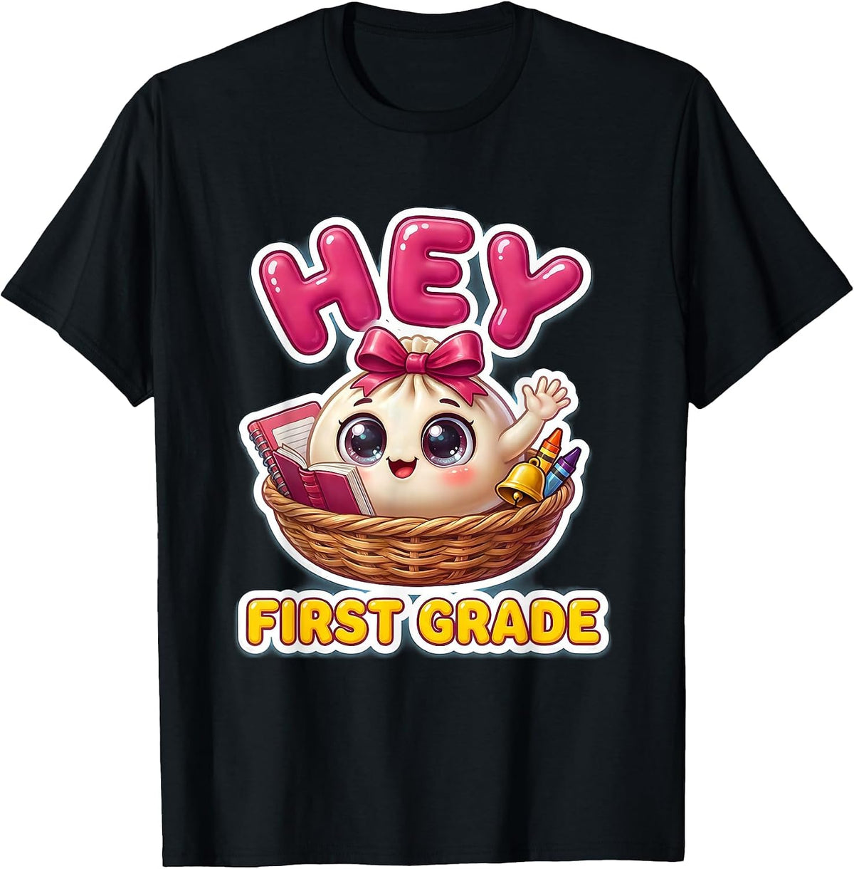 Men's Hey First Grade Cute Dumpling Back to School Girl Teacher T-Shirt - Black
