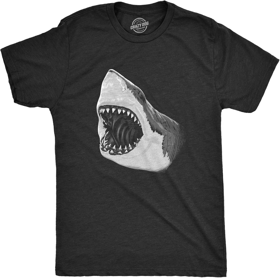 Mens Great White Shark T shirt Pearly Teeth Jaws Attacking Cool Graphic Tee - Heather Black - Great White