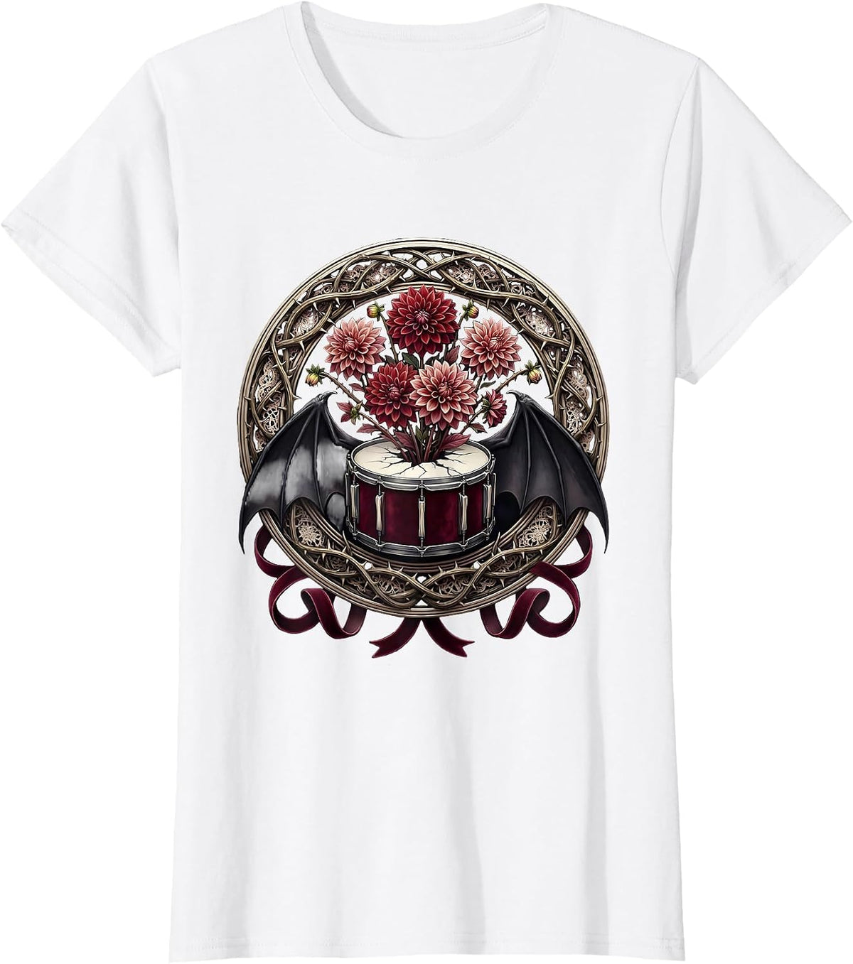 Dahlia Explosion Bass Drum Rock Floral Design T-Shirt - White