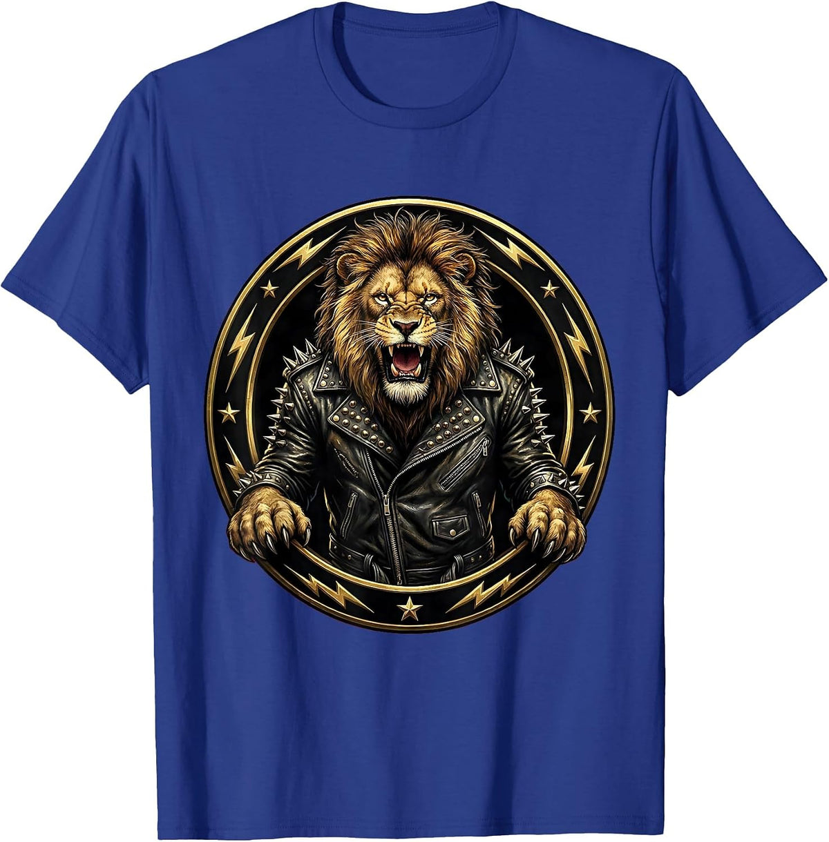 Men's Roaring Lion Studded Leather Jacket Rock Design T-Shirt - Royal Blue