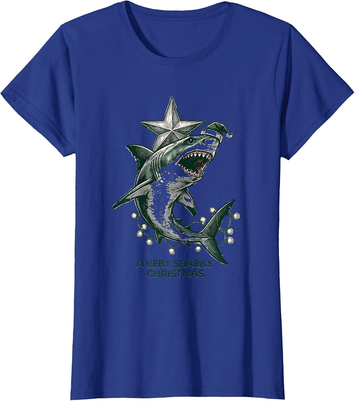 Women's A Very Sharky Christmas Funny Shark Santa Hat Holiday Lights T-Shirt - Royal Blue