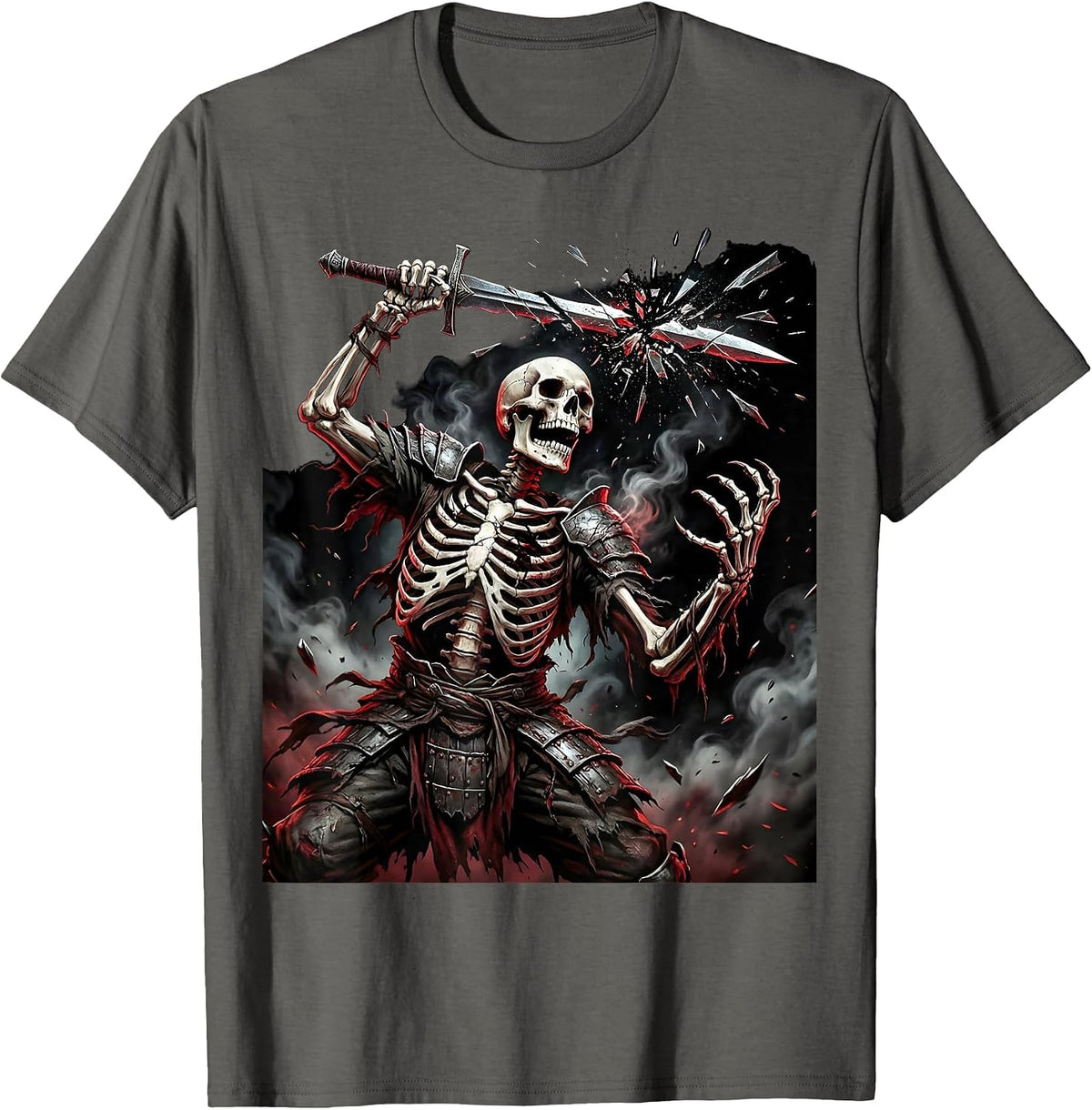 Skeleton Warrior Broken Sword Death Metal Art T-Shirt - Asphalt Grey