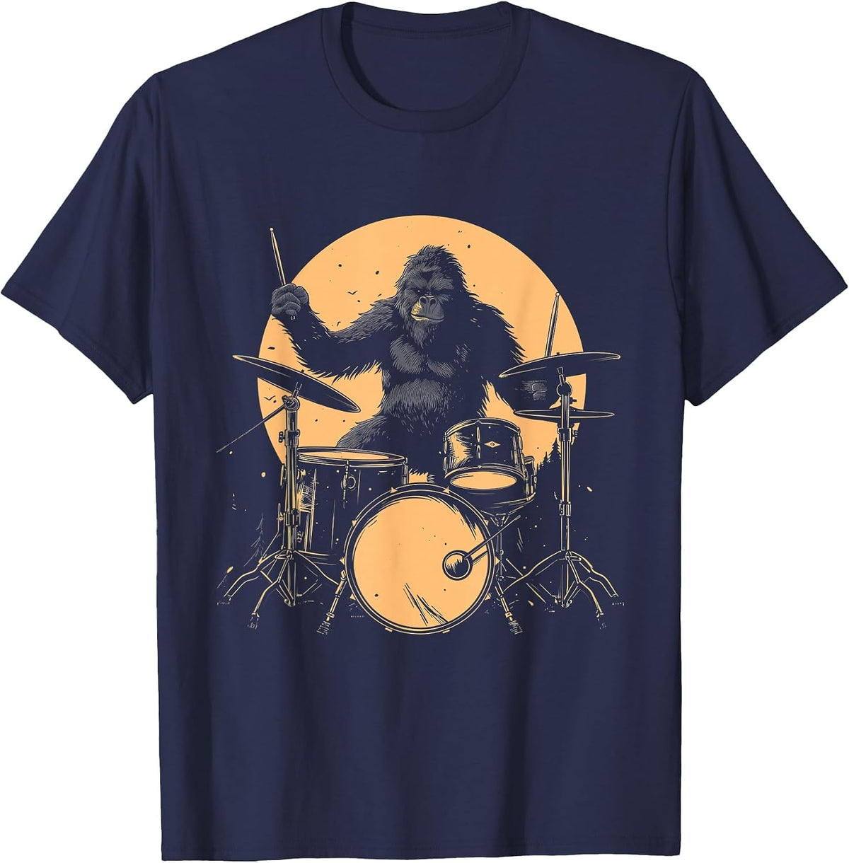 Drummer Bigfoot Playing Drums Funny Sasquatch Drumming T-Shirt - Navy Blue