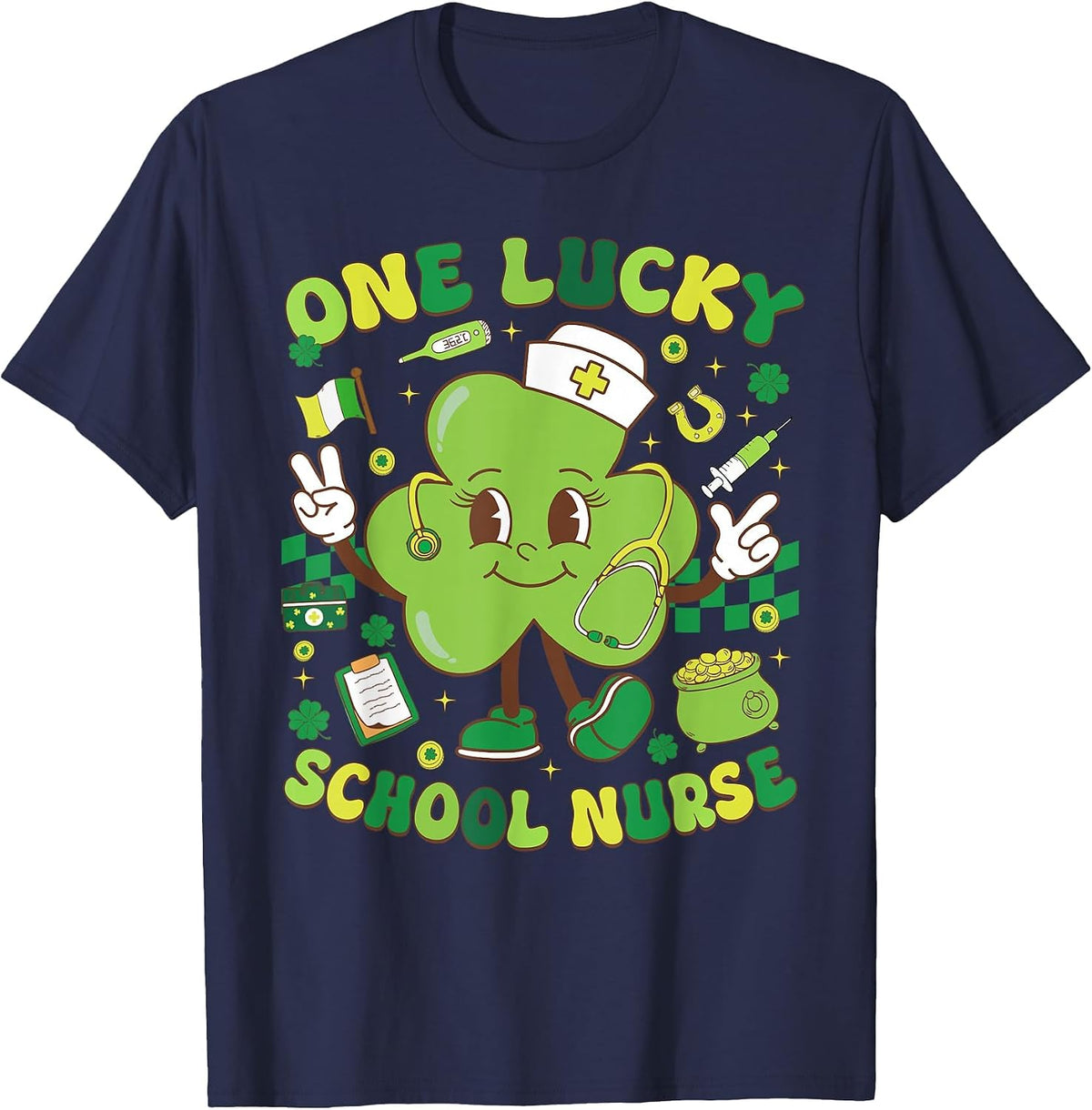 One Lucky School Nurse St Patrick's Day Spirit Shamrock T-Shirt - Navy Blue