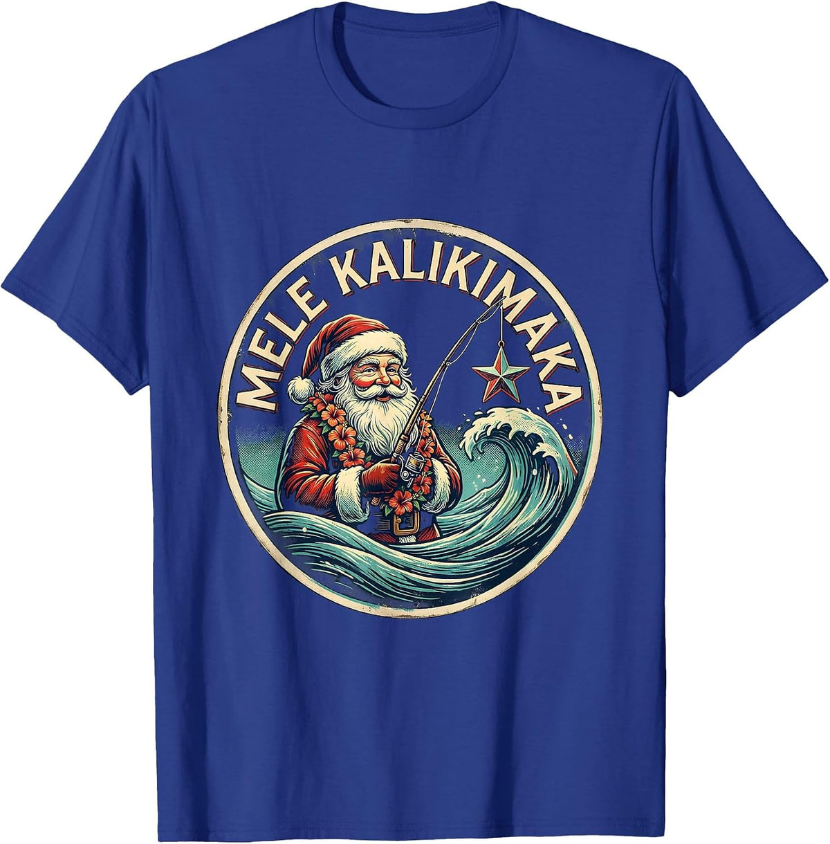 Mele Kalikimaka Vintage Hawaiian Christmas Surfing Santa T-Shirt - Royal Blue
