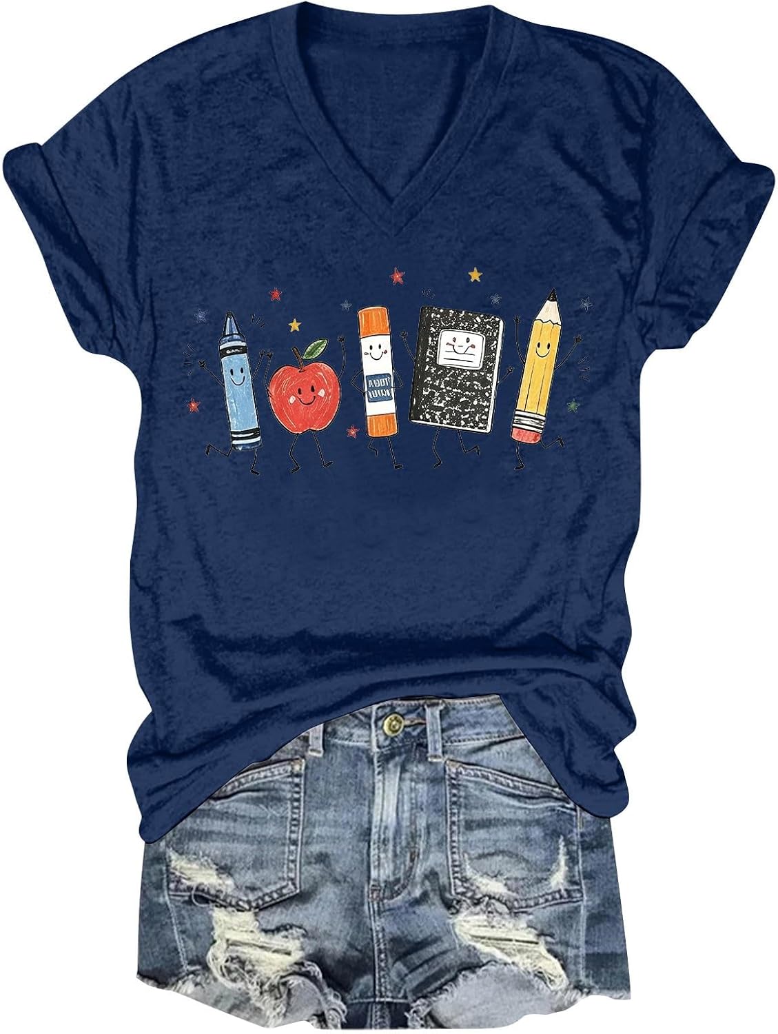 Back to School Supplies Graphic T-Shirt Teacher Life Shirt for Women - Navy