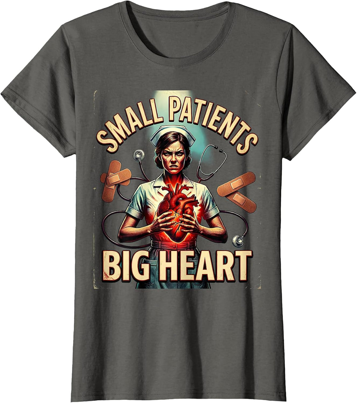 Women's Small Patients Big Heart School Nurse Design T-Shirt - Asphalt Grey