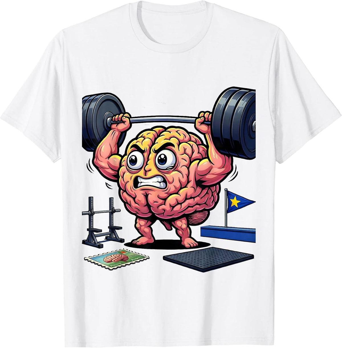 Men's Brain Lifting Weights Kids College Graphic T-Shirt - White