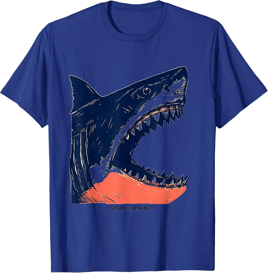 I Stand By Shark Bites Funny Shark Lover Ocean Wildlife T-Shirt - Royal Blue