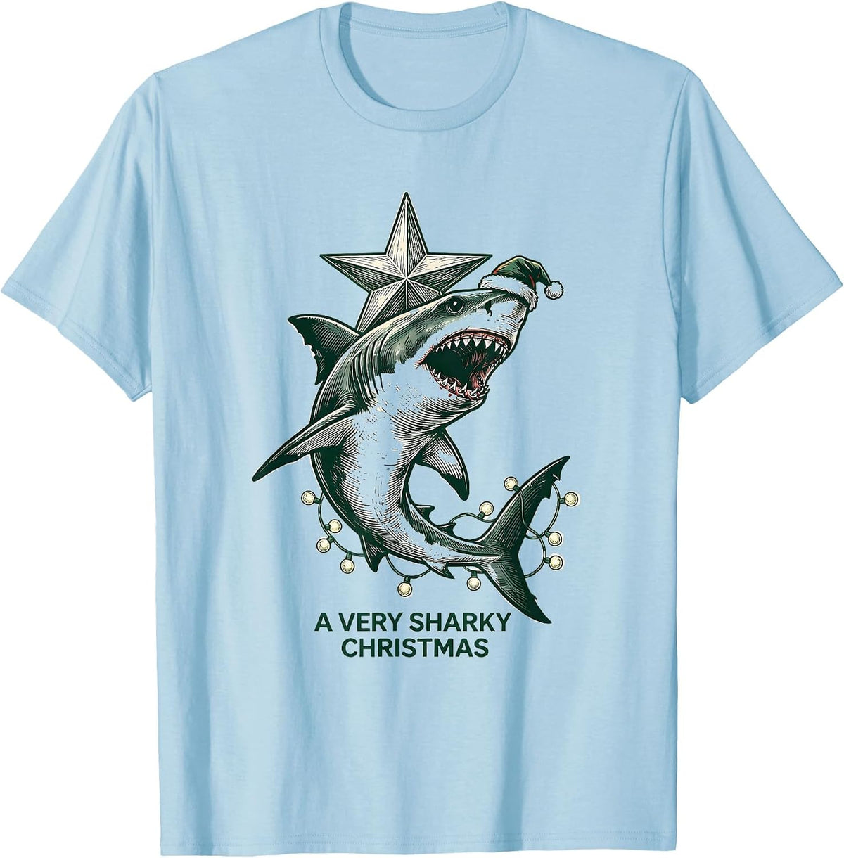 Men's A Very Sharky Christmas Funny Shark Santa Hat Holiday Lights T-Shirt - Baby Blue