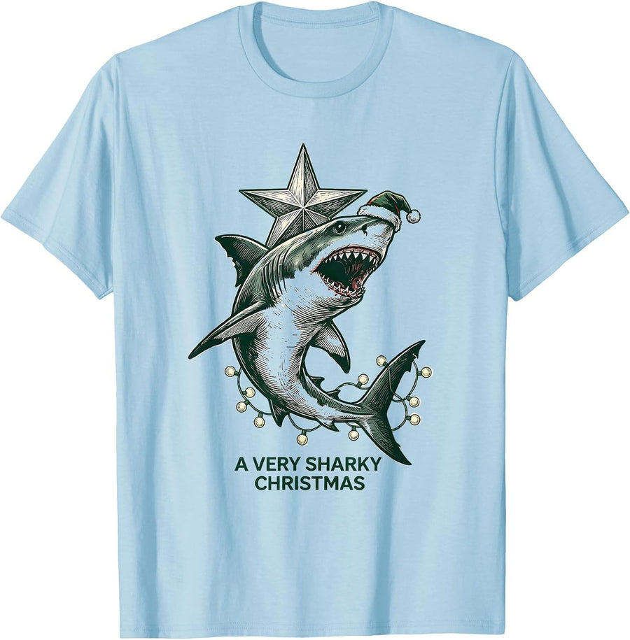 Men's A Very Sharky Christmas Funny Shark Santa Hat Holiday Lights T-Shirt - Baby Blue