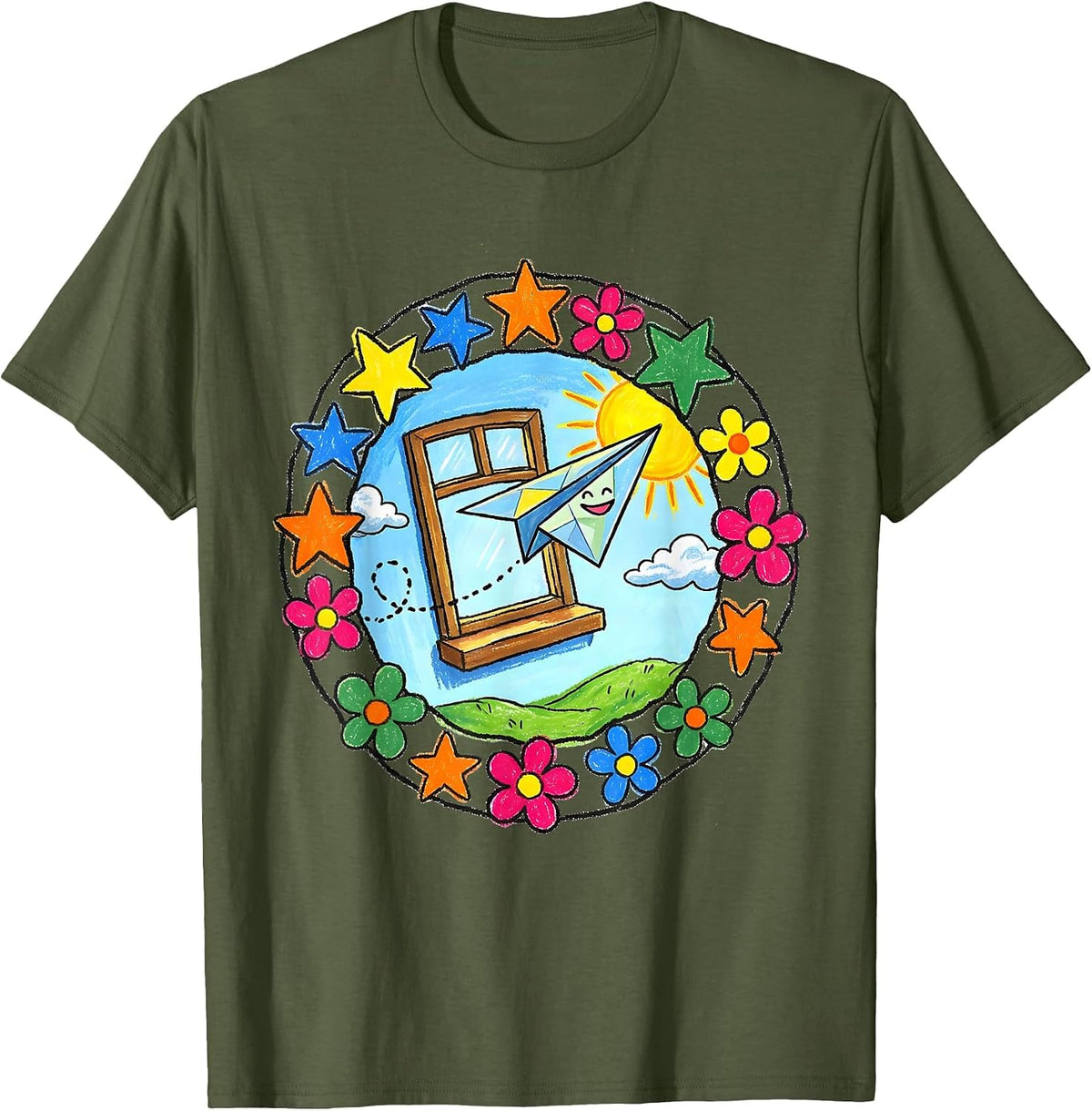 Men's Preschool Teacher Paper Airplane Classroom Art T-Shirt - Olive Green