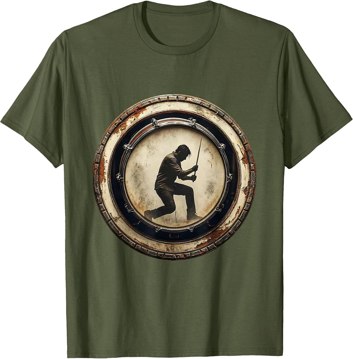 Drummer Silhouette Inside Bass Drum Concert Graphic T-Shirt - Olive Green