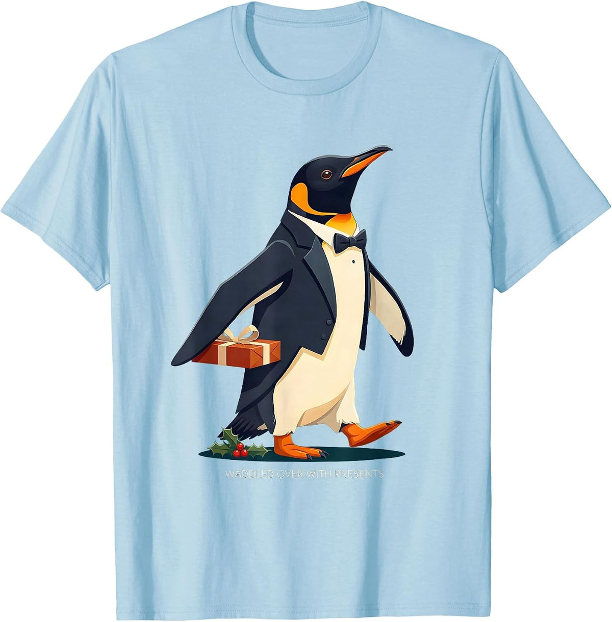 Men's Waddled Over With Presents Funny Penguin Lover Christmas T-Shirt - Baby Blue