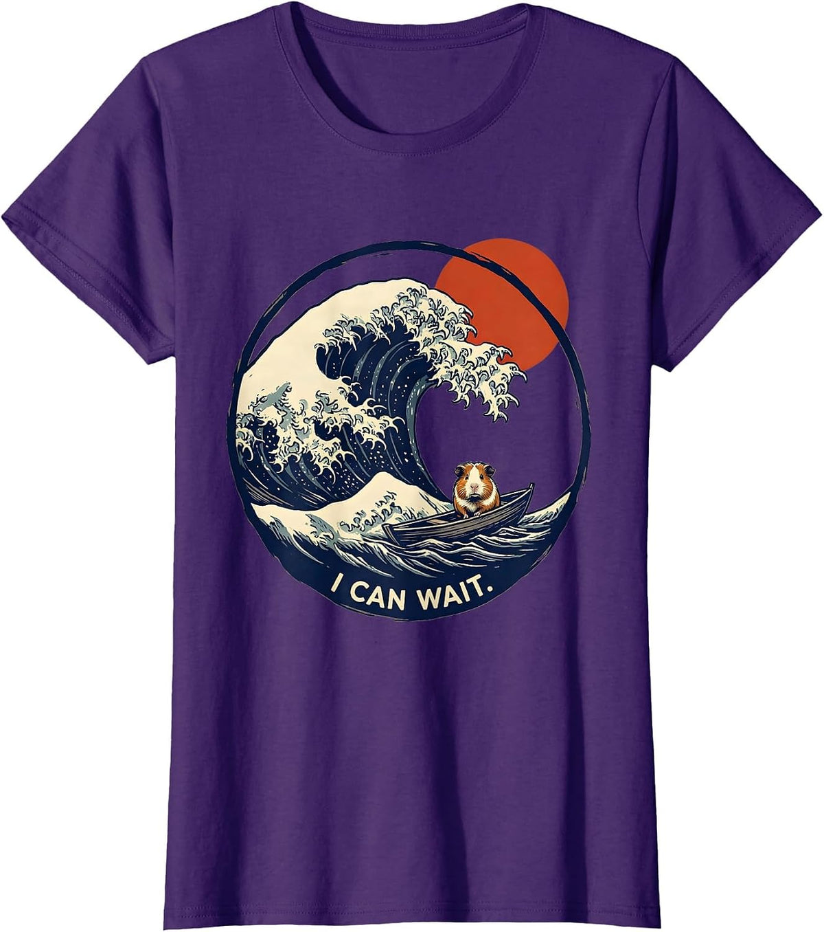 Women's I Can Wait Linocut Japanese Art Animal Meme Humor T-Shirt - Purple