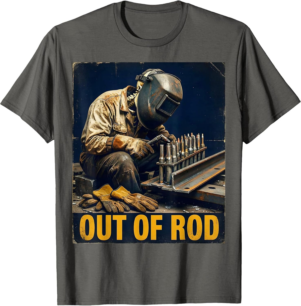 Men's Out Of Rod Vintage Welder Skeleton Tradesman Humor T-Shirt - Asphalt Grey