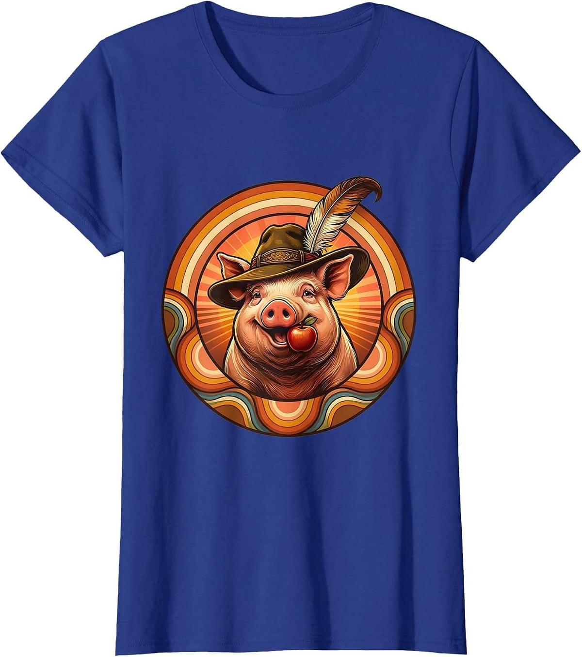 Women's Oktoberfest Pig with Feathered Hat Illustration T-Shirt - Royal Blue