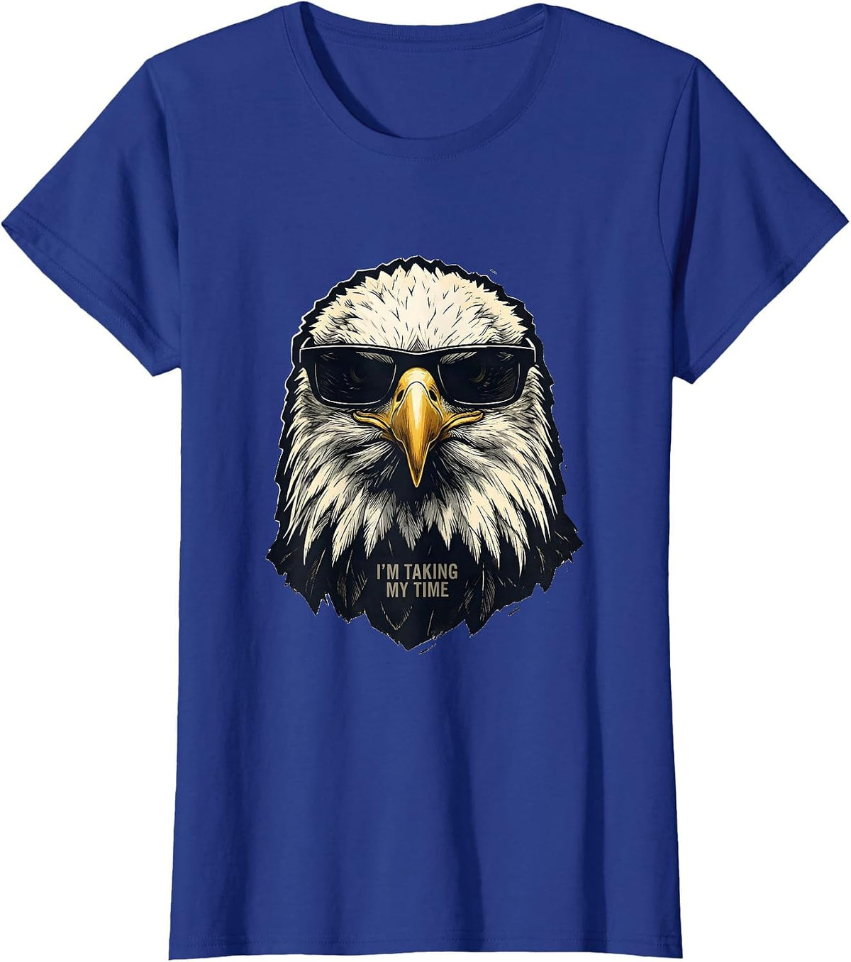 Women's I'm Taking My Time Linocut Bald Eagle Sunglasses Funny T-Shirt - Royal Blue
